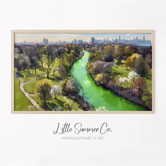 Green River Through City Park Frame TV Art displayed on a TV