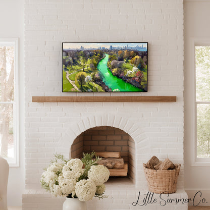 Green River Through City Park Frame TV Art displayed on a TV