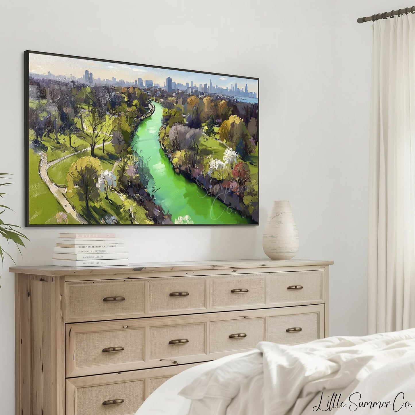 Green River Through City Park Frame TV Art displayed on a TV