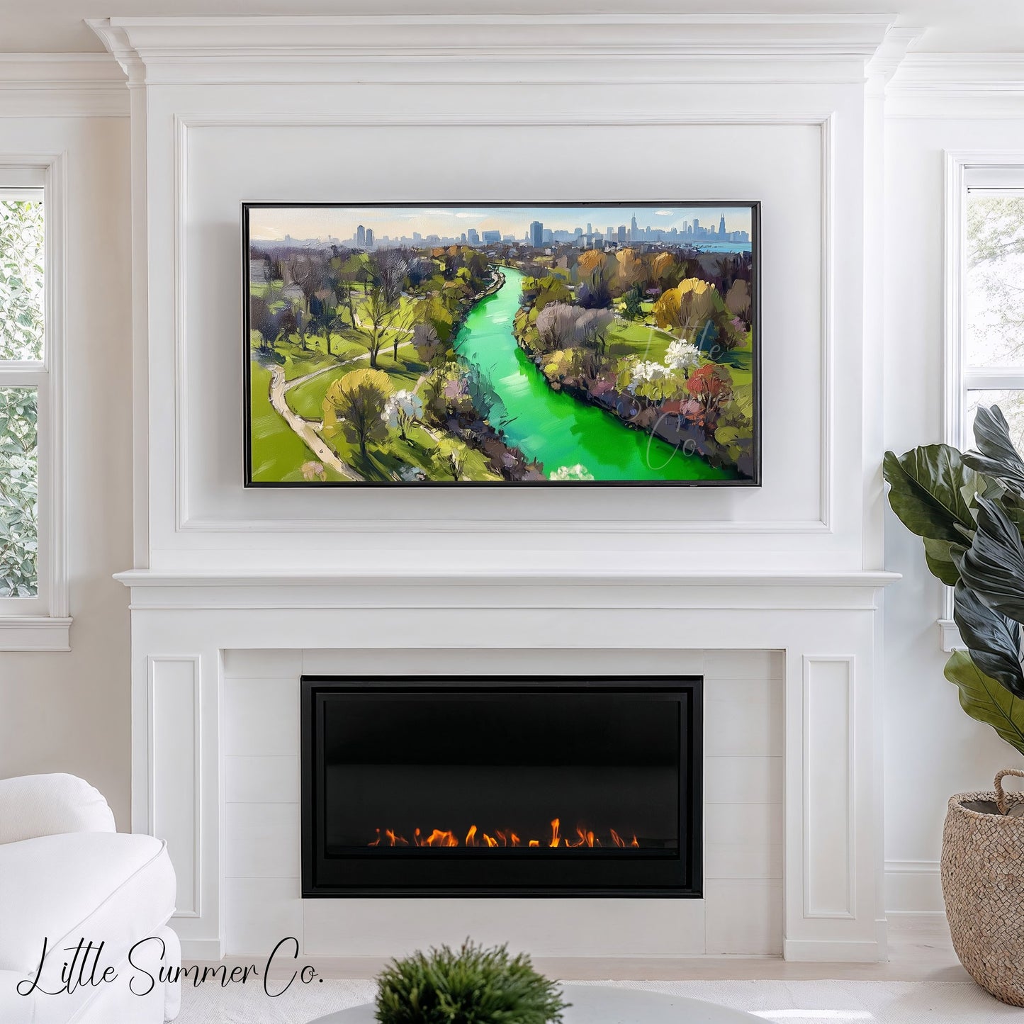 Green River Through City Park Frame TV Art displayed on a TV