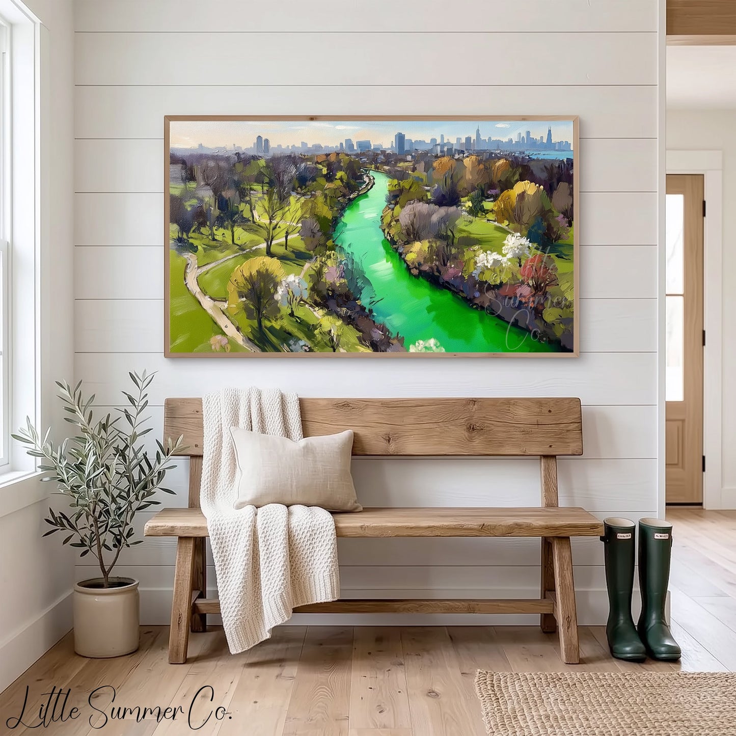 Green River Through City Park Frame TV Art displayed on a TV