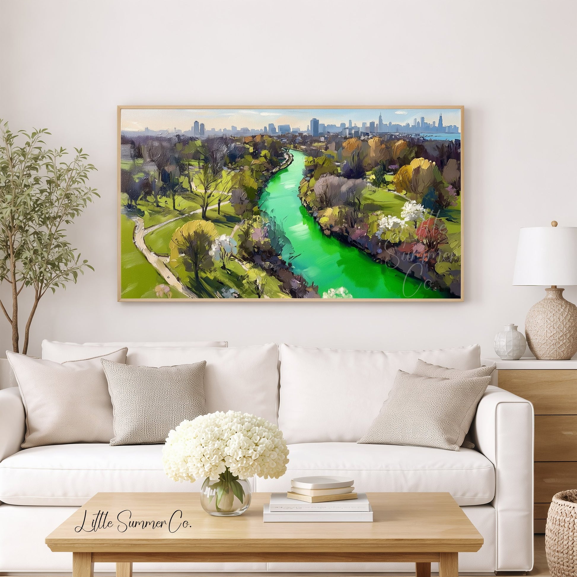 Green River Through City Park Frame TV Art displayed on a TV