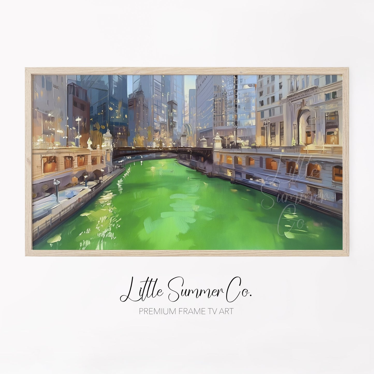 Chicago Green River at Dusk Frame TV Art displayed on a TV