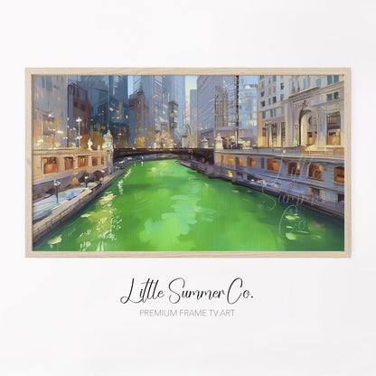 Chicago Green River at Dusk Frame TV Art displayed on a TV