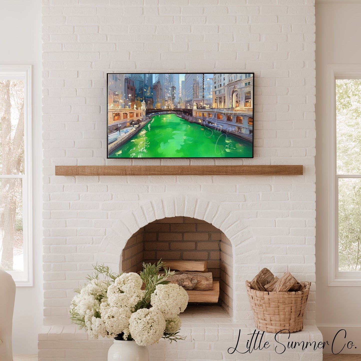 Chicago Green River at Dusk Frame TV Art displayed on a TV
