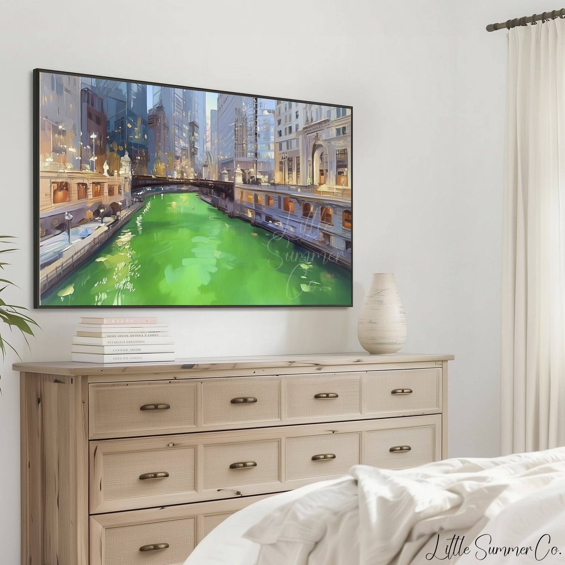 Chicago Green River at Dusk Frame TV Art displayed on a TV