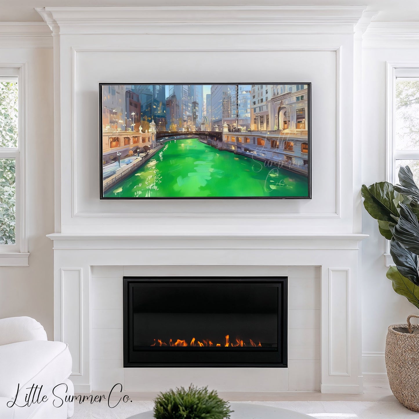 Chicago Green River at Dusk Frame TV Art displayed on a TV