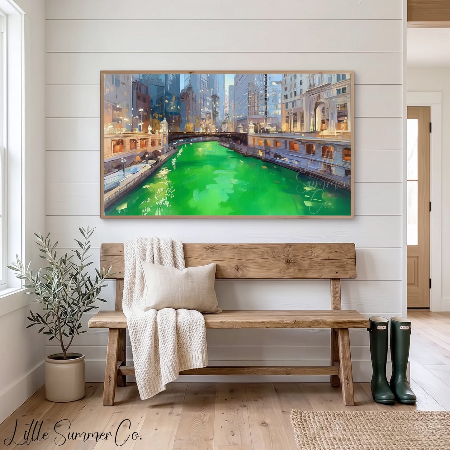 Chicago Green River at Dusk Frame TV Art displayed on a TV