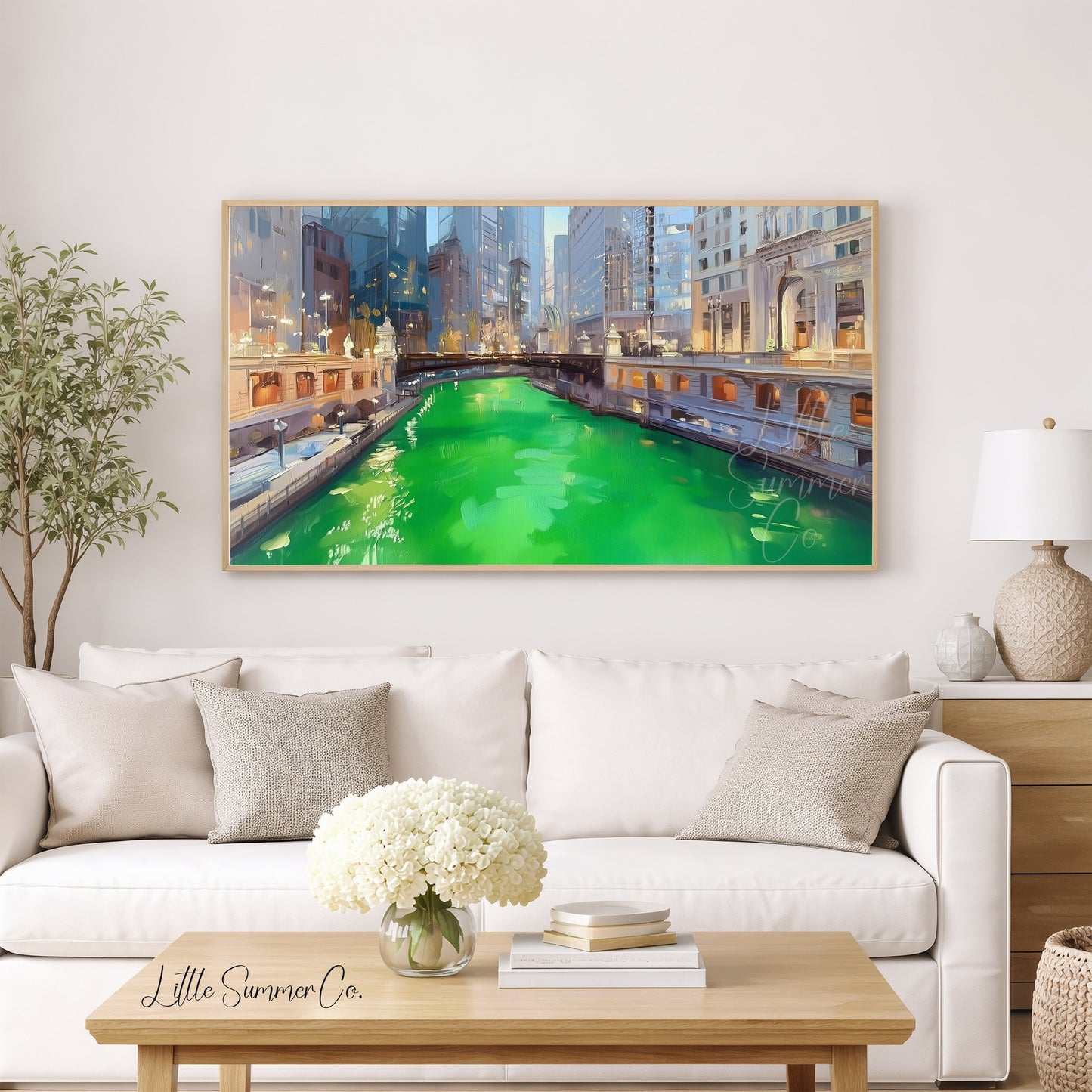 Chicago Green River at Dusk Frame TV Art displayed on a TV