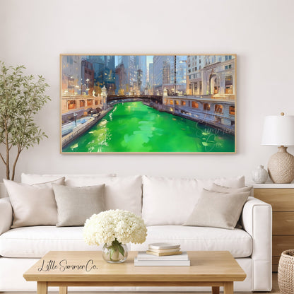 Chicago Green River at Dusk Frame TV Art displayed on a TV