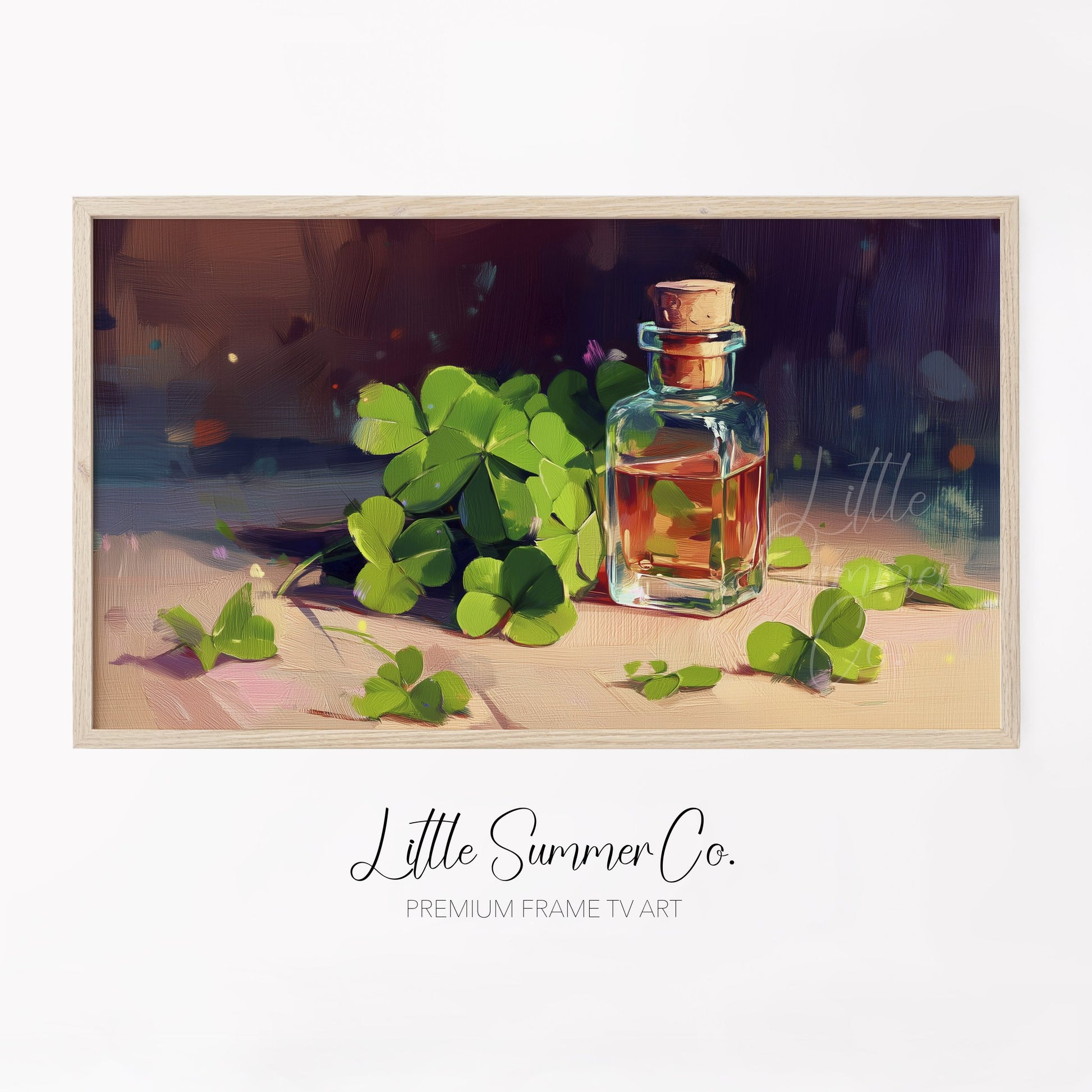 Clovers and Amber Bottle Frame TV Art displayed on a TV