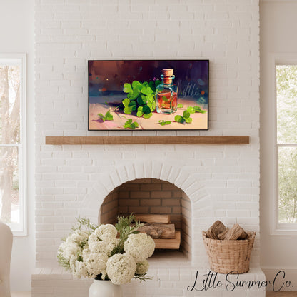 Clovers and Amber Bottle Frame TV Art displayed on a TV