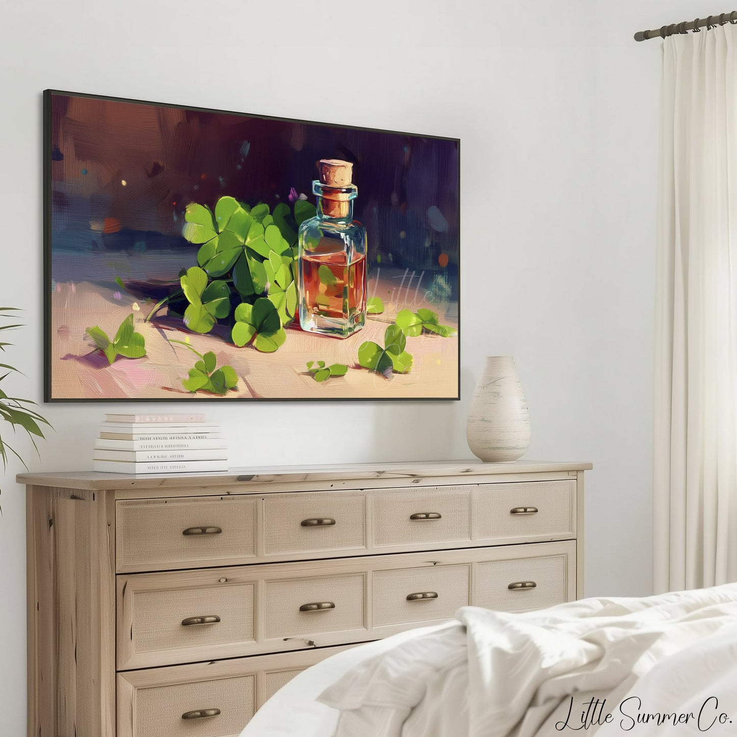 Clovers and Amber Bottle Frame TV Art displayed on a TV