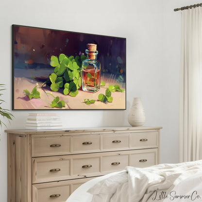 Clovers and Amber Bottle Frame TV Art displayed on a TV
