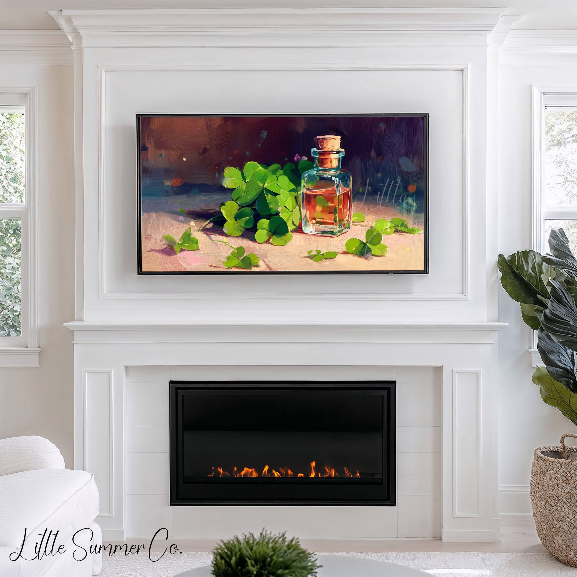 Clovers and Amber Bottle Frame TV Art displayed on a TV