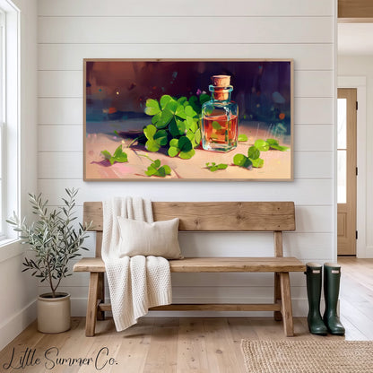 Clovers and Amber Bottle Frame TV Art displayed on a TV
