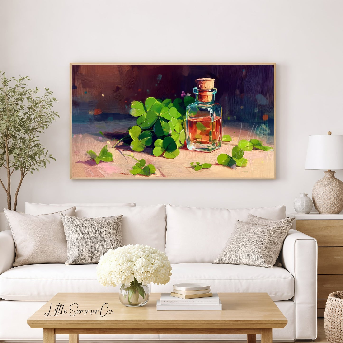Clovers and Amber Bottle Frame TV Art displayed on a TV