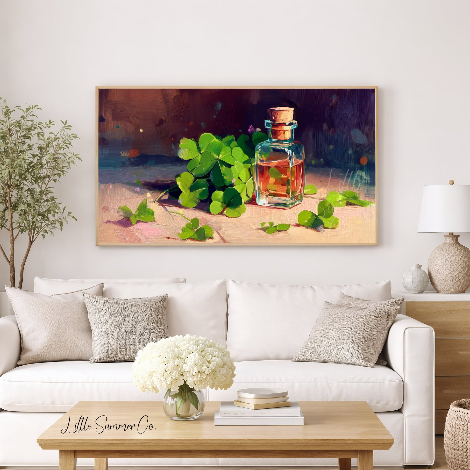 Clovers and Amber Bottle Frame TV Art displayed on a TV