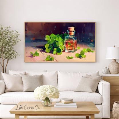 Clovers and Amber Bottle Frame TV Art displayed on a TV