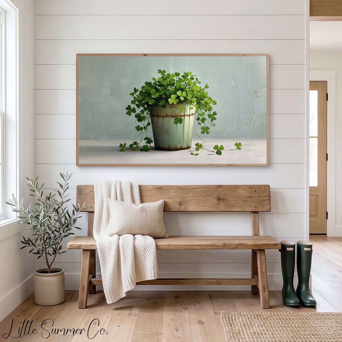 Clover Plant in Rustic Pot Frame TV Art displayed on a TV