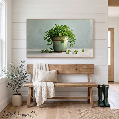 Clover Plant in Rustic Pot Frame TV Art displayed on a TV