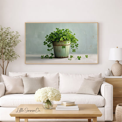 Clover Plant in Rustic Pot Frame TV Art displayed on a TV