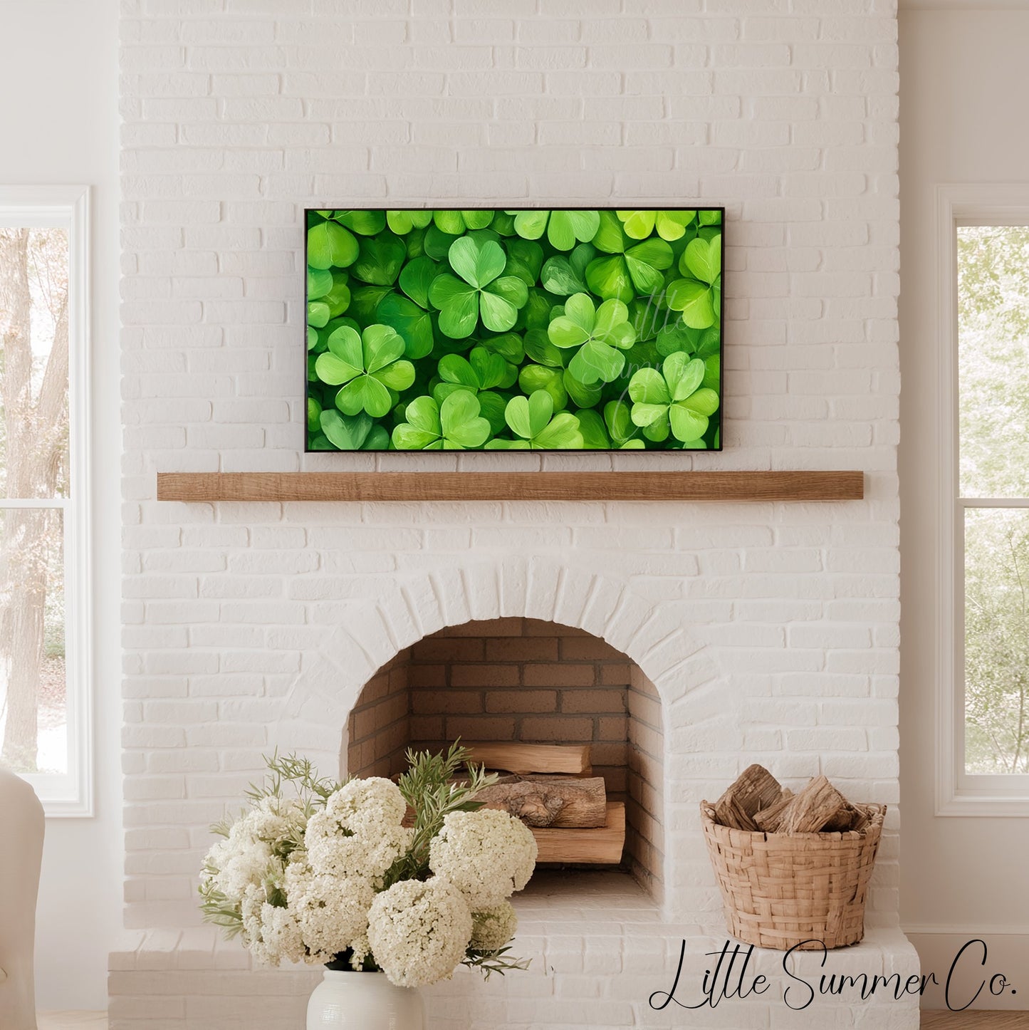 Green Shamrock Leaves Frame TV Art displayed on a TV