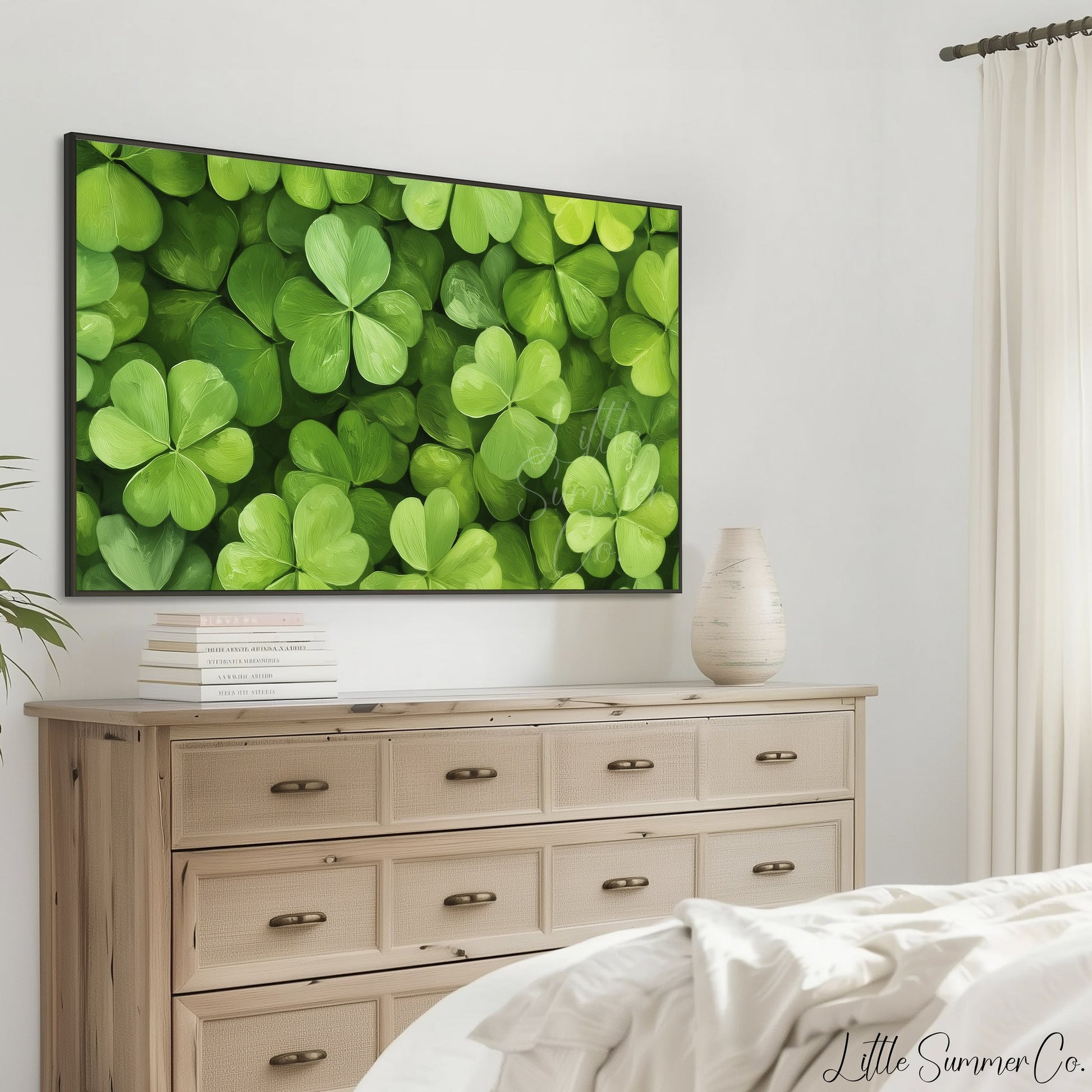 Green Shamrock Leaves Frame TV Art displayed on a TV