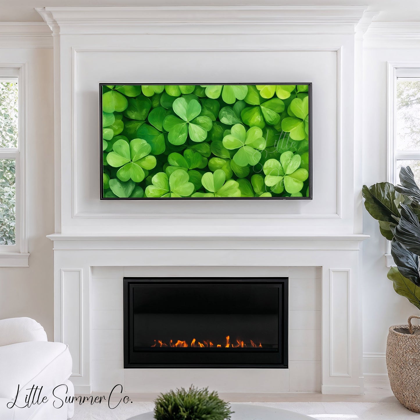 Green Shamrock Leaves Frame TV Art displayed on a TV