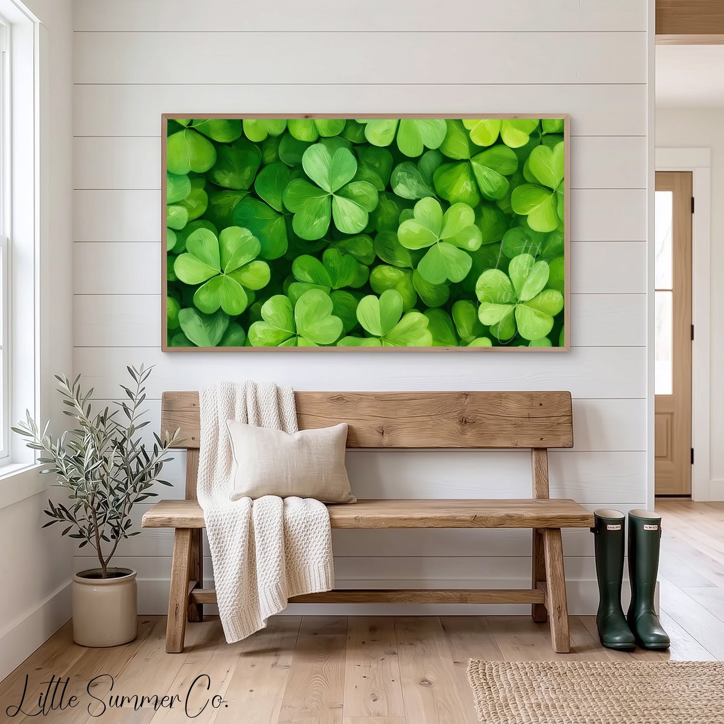 Green Shamrock Leaves Frame TV Art displayed on a TV