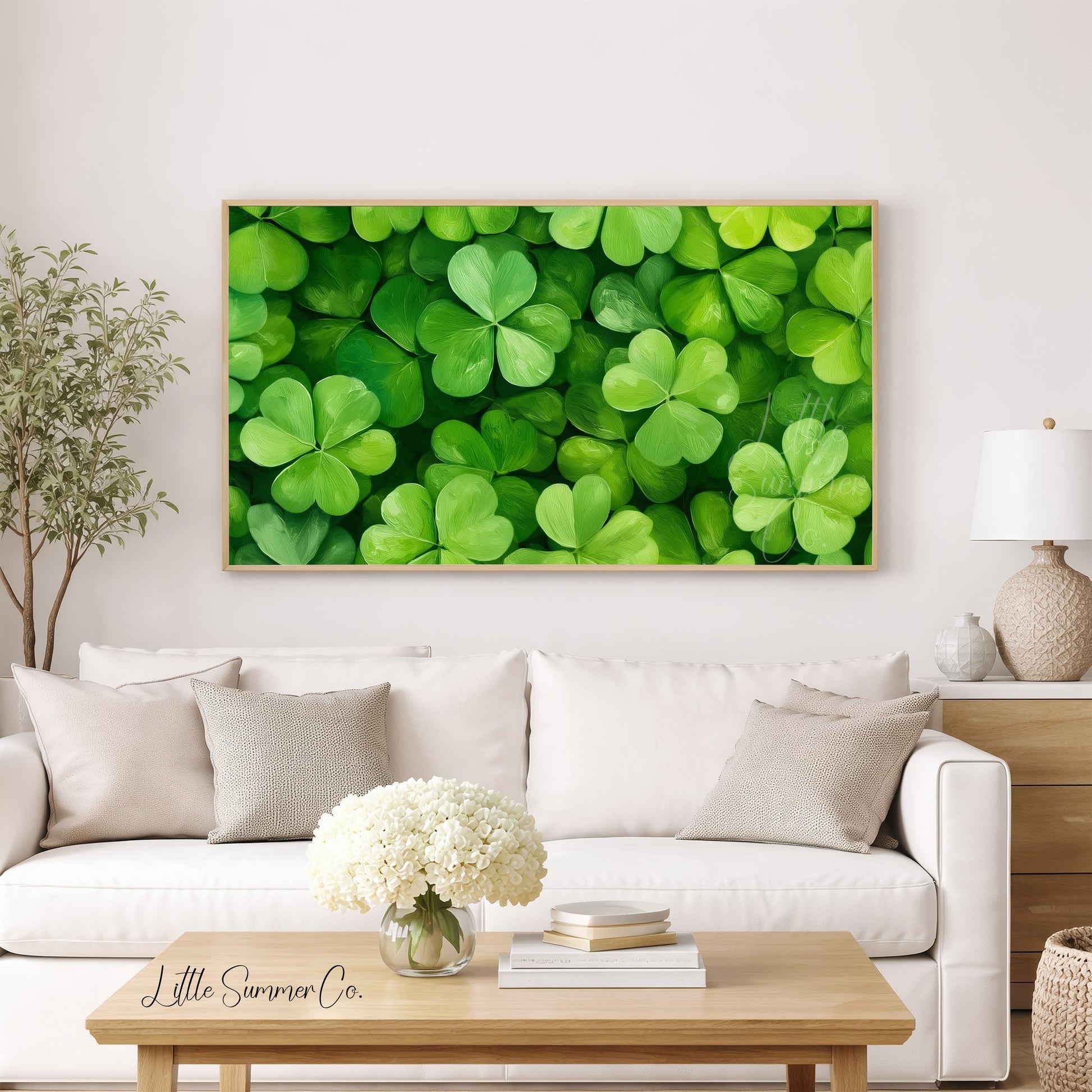 Green Shamrock Leaves Frame TV Art displayed on a TV