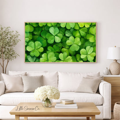 Green Shamrock Leaves Frame TV Art displayed on a TV