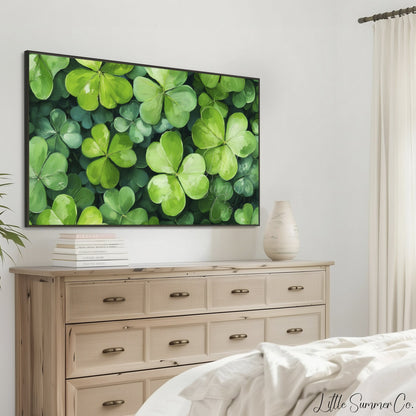 Four Leaf Clovers Close Up Frame TV Art displayed on a TV