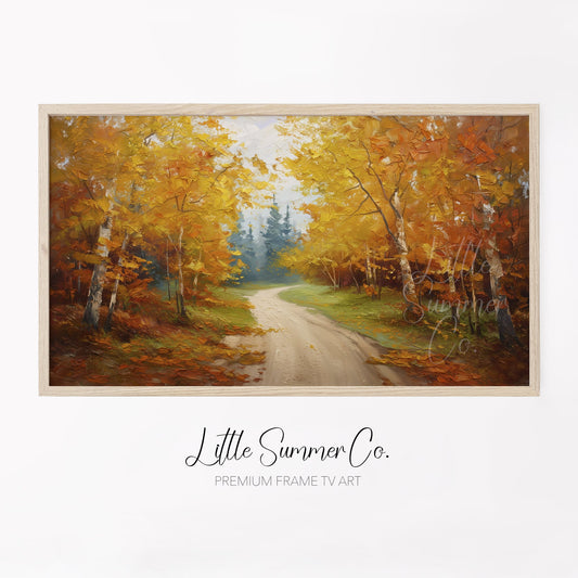 Autumn Birch Forest Road Frame TV Art displayed on a TV