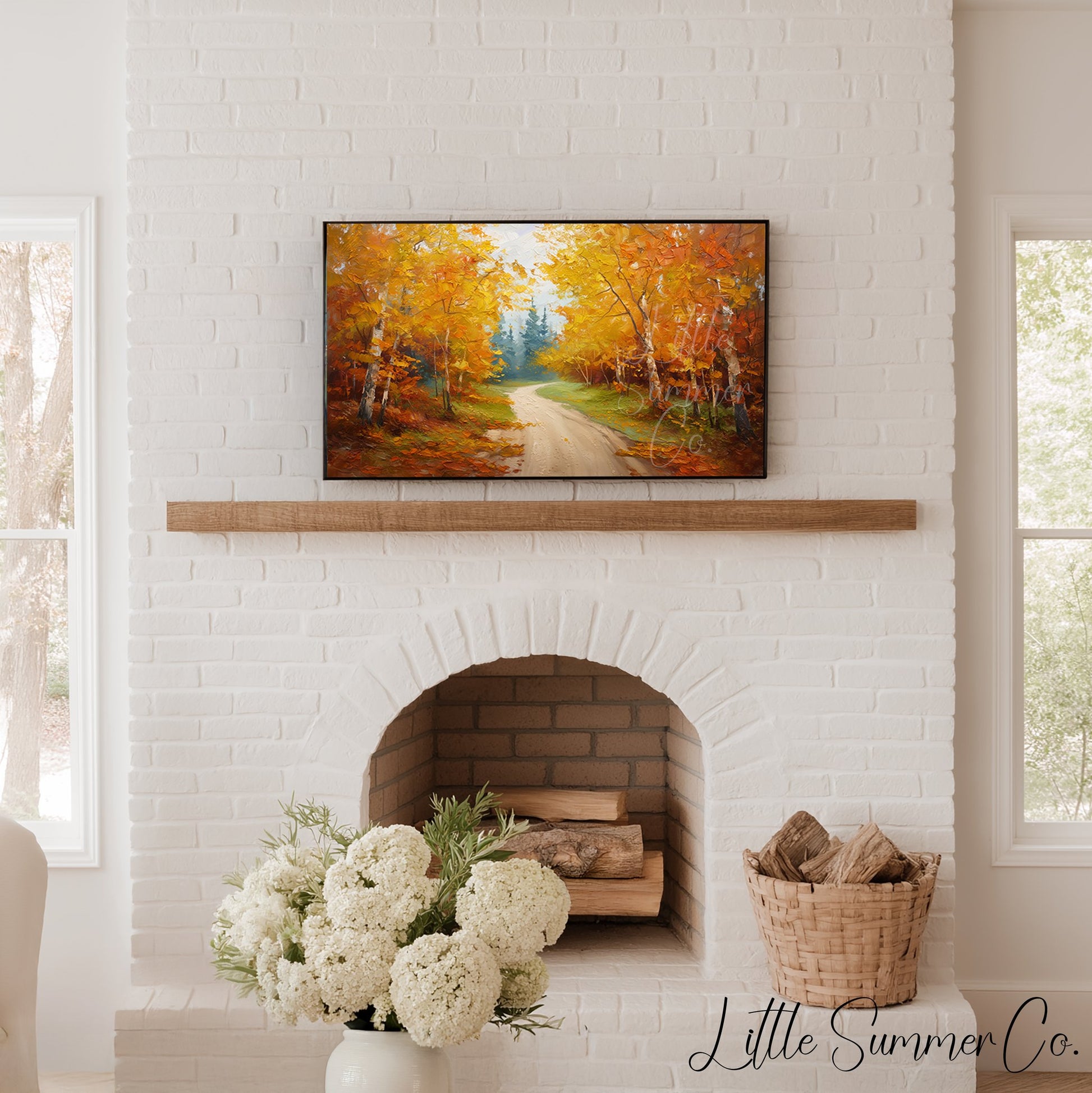 Autumn Birch Forest Road Frame TV Art displayed on a TV