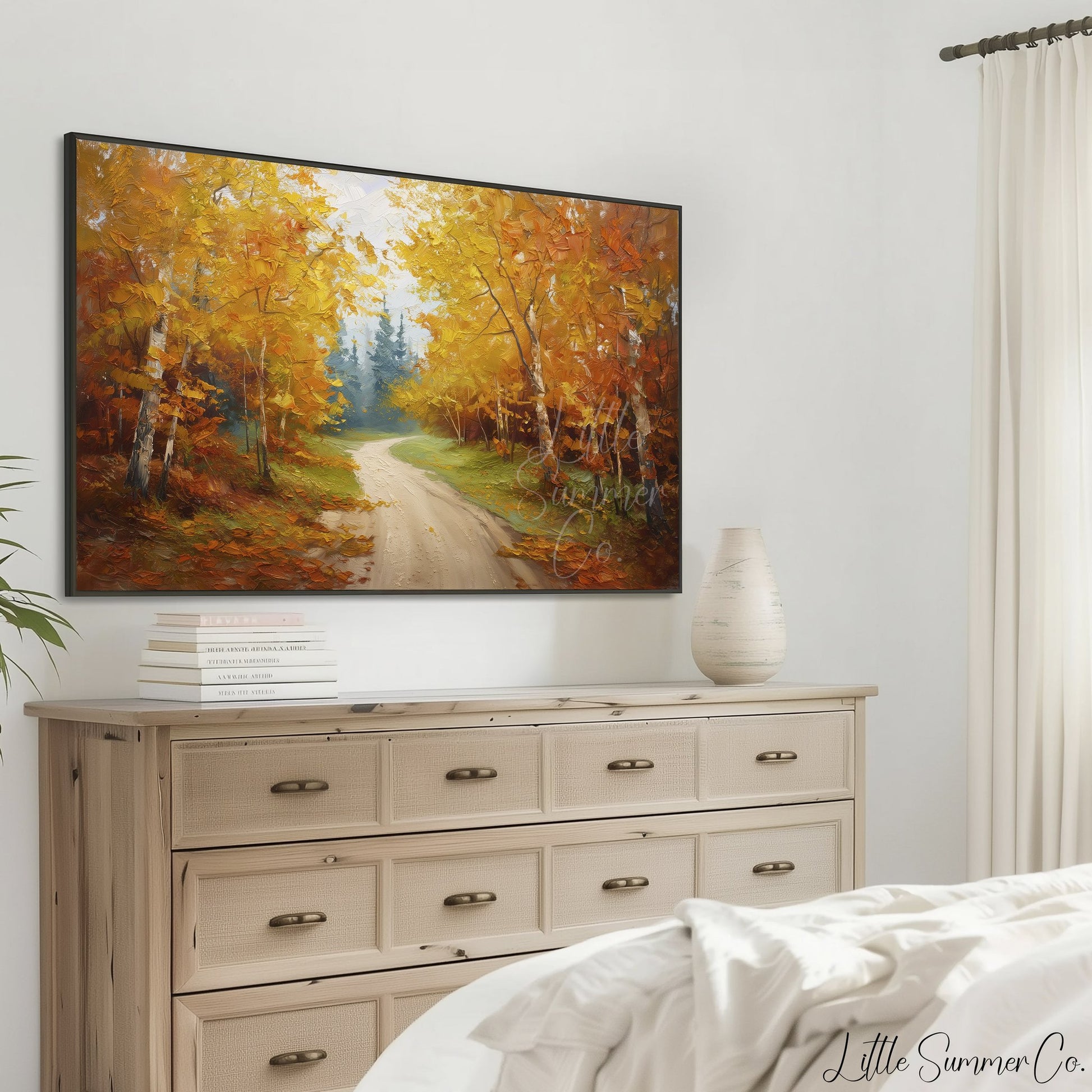 Autumn Birch Forest Road Frame TV Art displayed on a TV