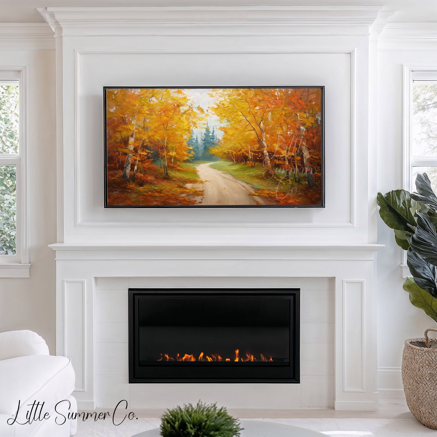 Autumn Birch Forest Road Frame TV Art displayed on a TV