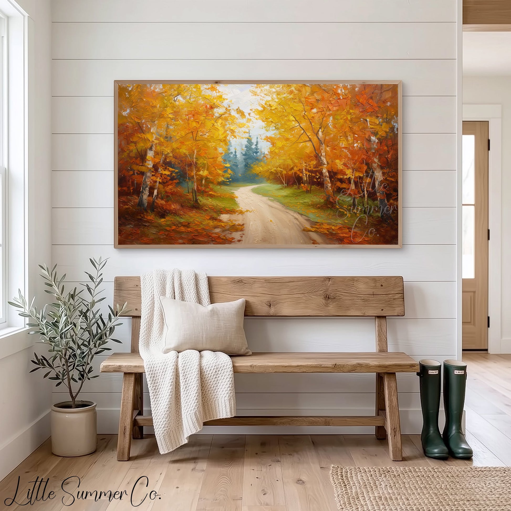 Autumn Birch Forest Road Frame TV Art displayed on a TV