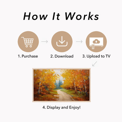 Autumn Birch Forest Road Frame TV Art displayed on a TV