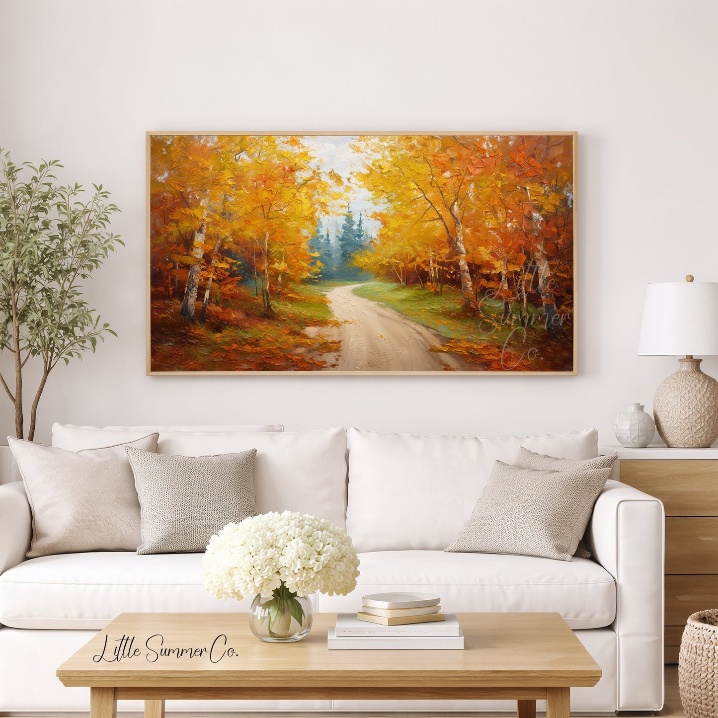 Autumn Birch Forest Road Frame TV Art displayed on a TV