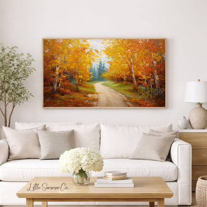 Autumn Birch Forest Road Frame TV Art displayed on a TV