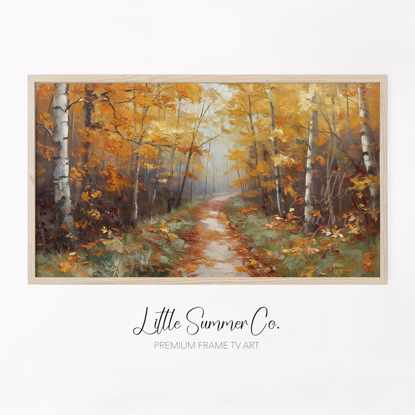 Autumn Birch Forest Path Frame TV Art displayed on a TV