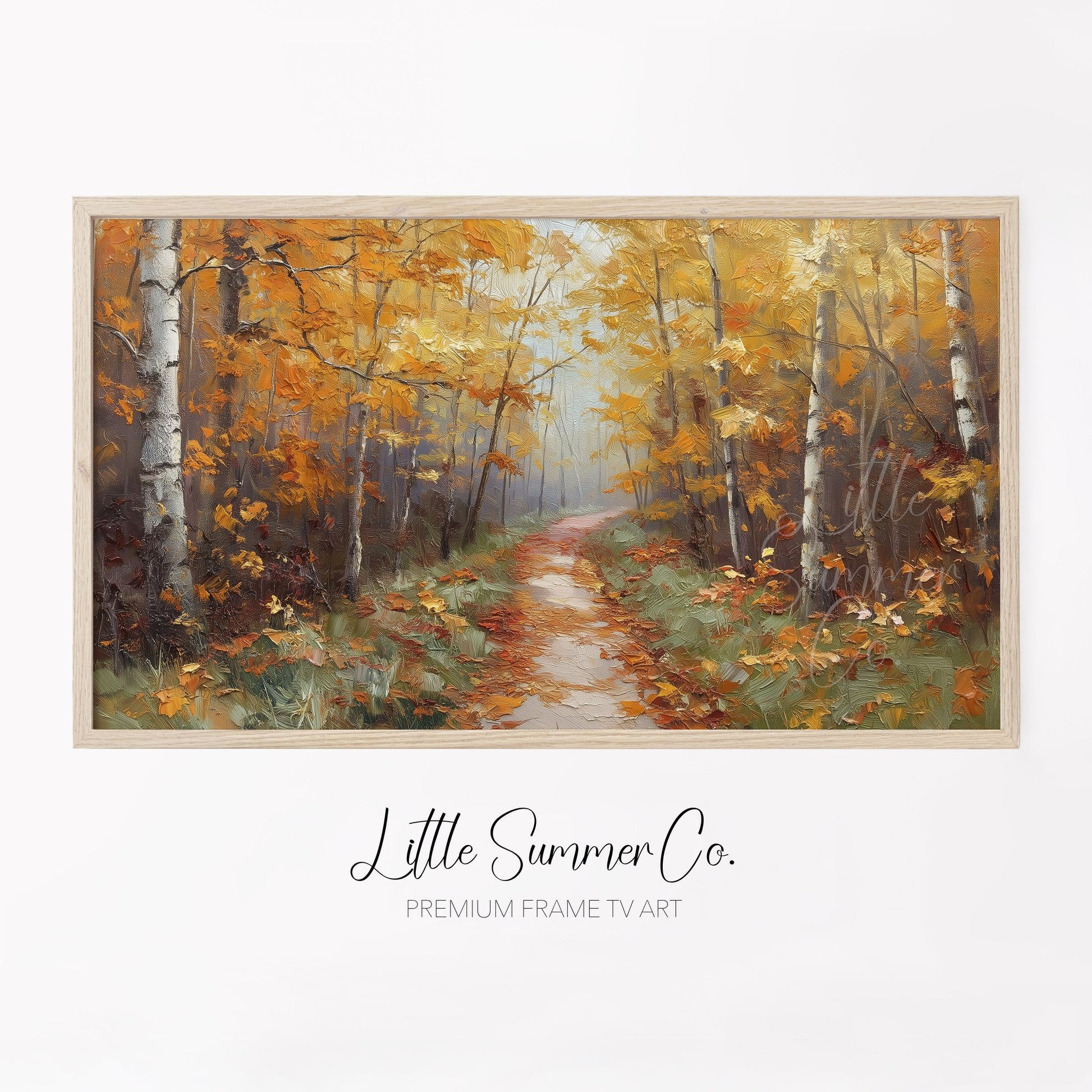 Autumn Birch Forest Path Frame TV Art displayed on a TV