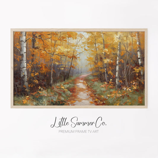 Autumn Birch Forest Path Frame TV Art displayed on a TV