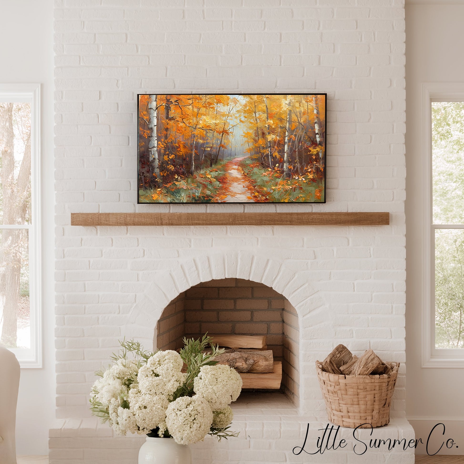 Autumn Birch Forest Path Frame TV Art displayed on a TV