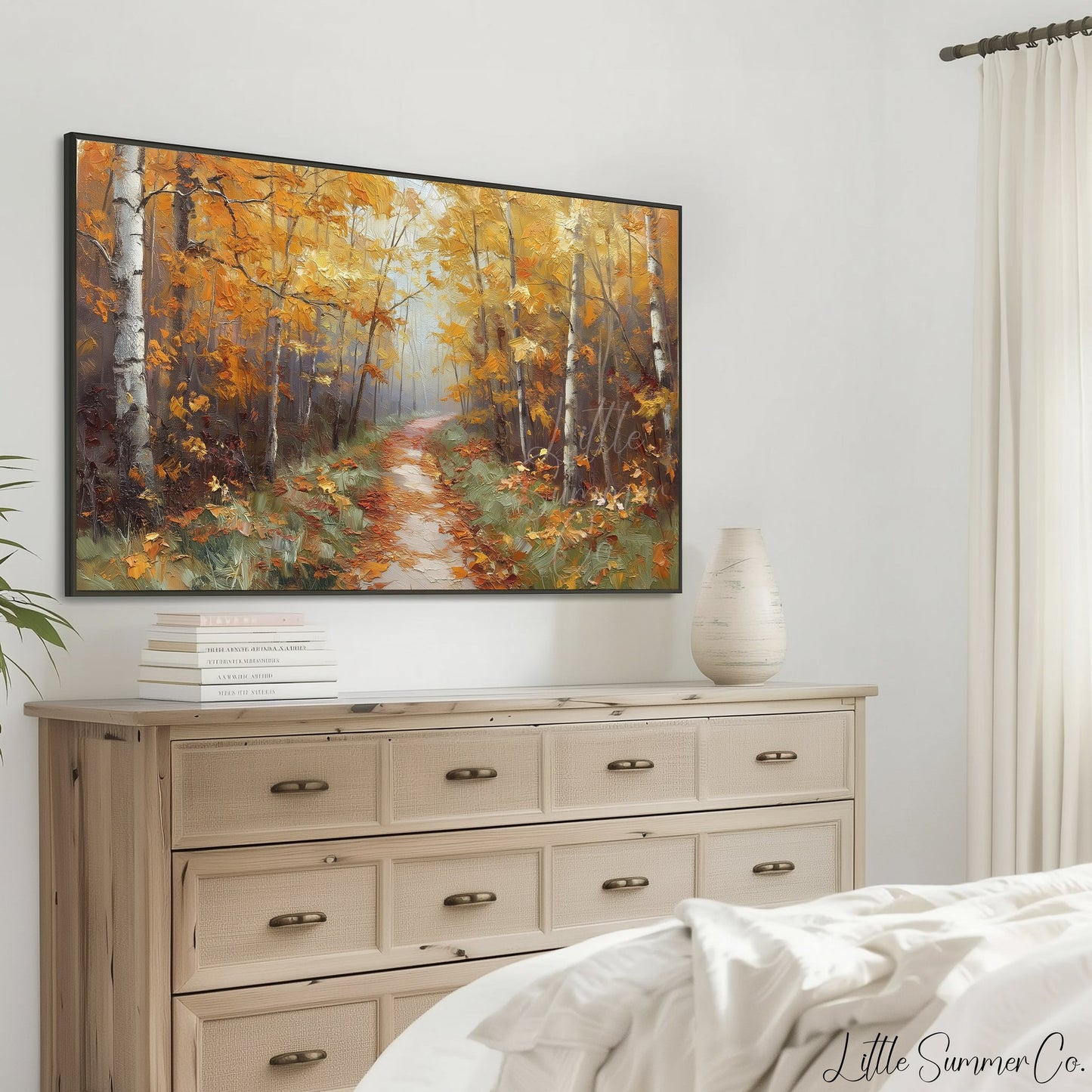 Autumn Birch Forest Path Frame TV Art displayed on a TV