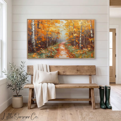 Autumn Birch Forest Path Frame TV Art displayed on a TV