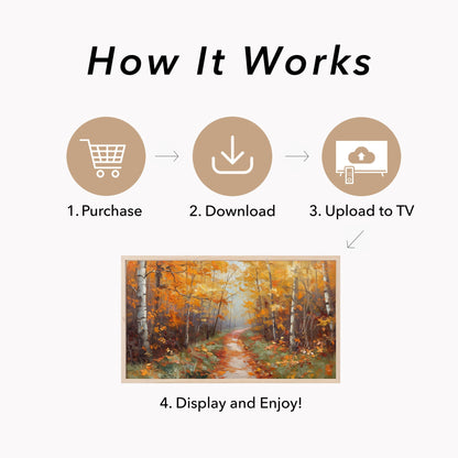 Autumn Birch Forest Path Frame TV Art displayed on a TV
