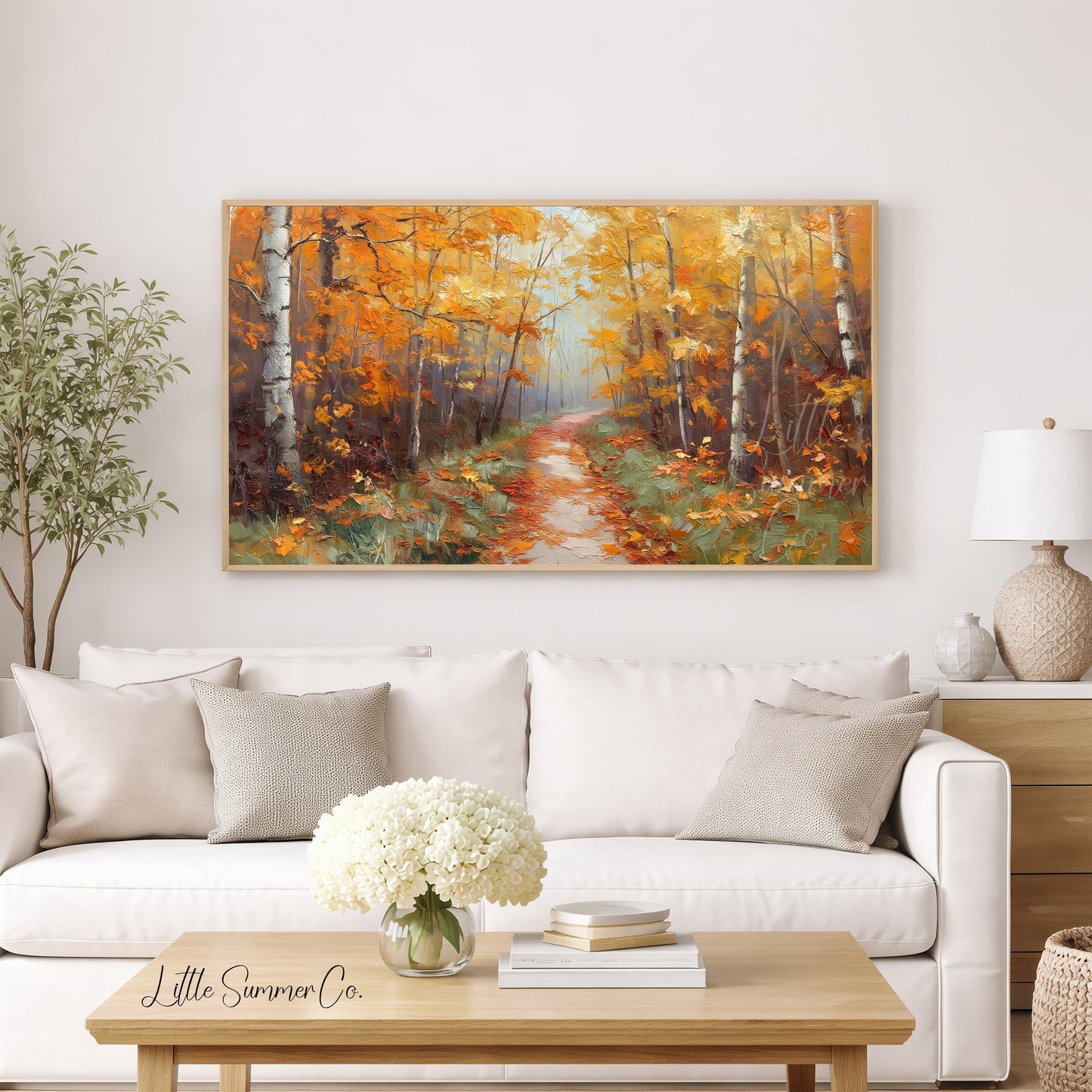 Autumn Birch Forest Path Frame TV Art displayed on a TV