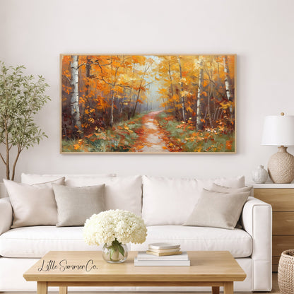 Autumn Birch Forest Path Frame TV Art displayed on a TV